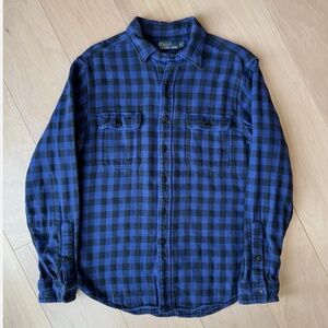 Vintage Polo Ralph Lauren Blue Buffalo Check Flannel Shirt Large Workwear Plaid
